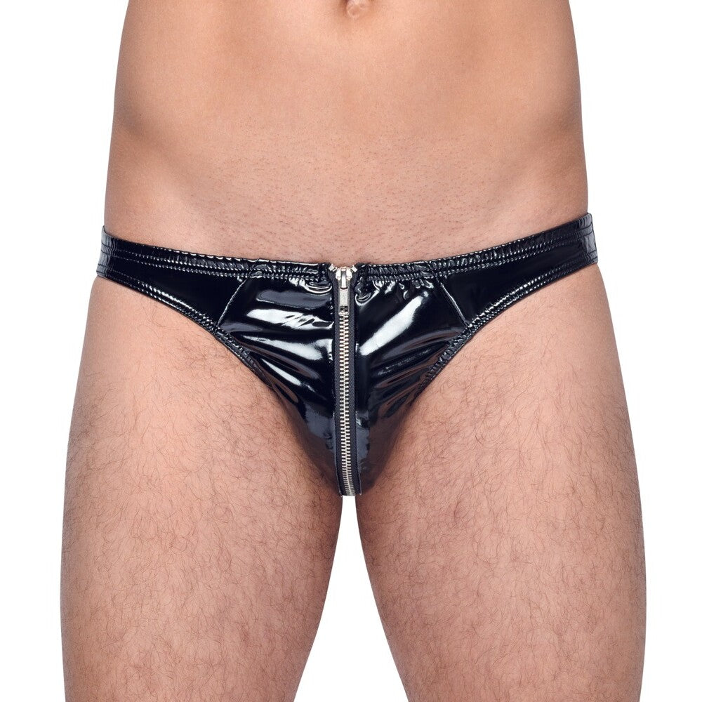 Black Level Vinyl Briefs With Zip Black|Front View|"vinyl brief-front view"|