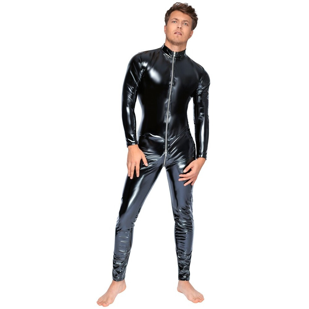 Black Level Vinyl Jumpsuit With Zip Black|Front View|"jumpsuit design-front view"|