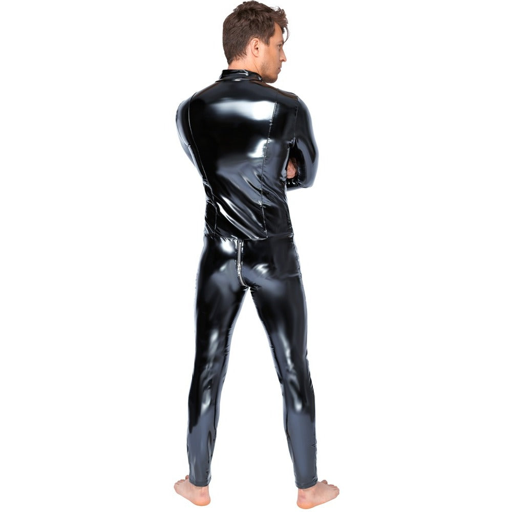 Black Level Vinyl Jumpsuit With Zip Black|Side View|"zip features-side view"|