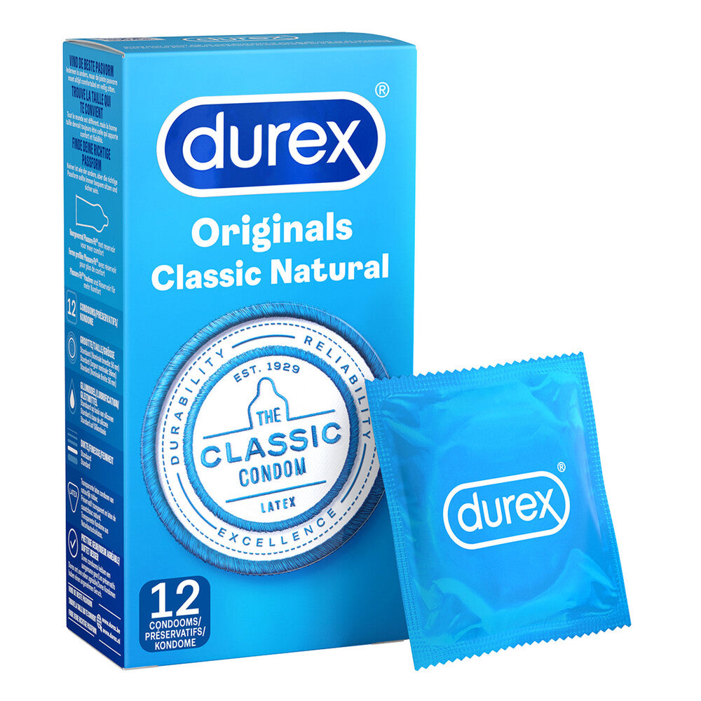 Durex Originals Classic Natural Condoms 12 Pack|Front View|"condom design-front view"|