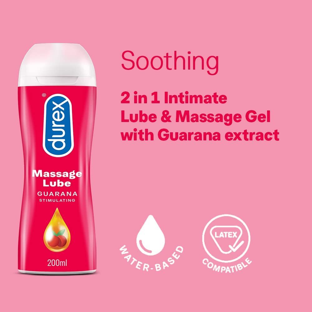Durex Massage Lube Guarana Stimulating 200ml|Side View|"bottle detail-side view adult toys direct"|