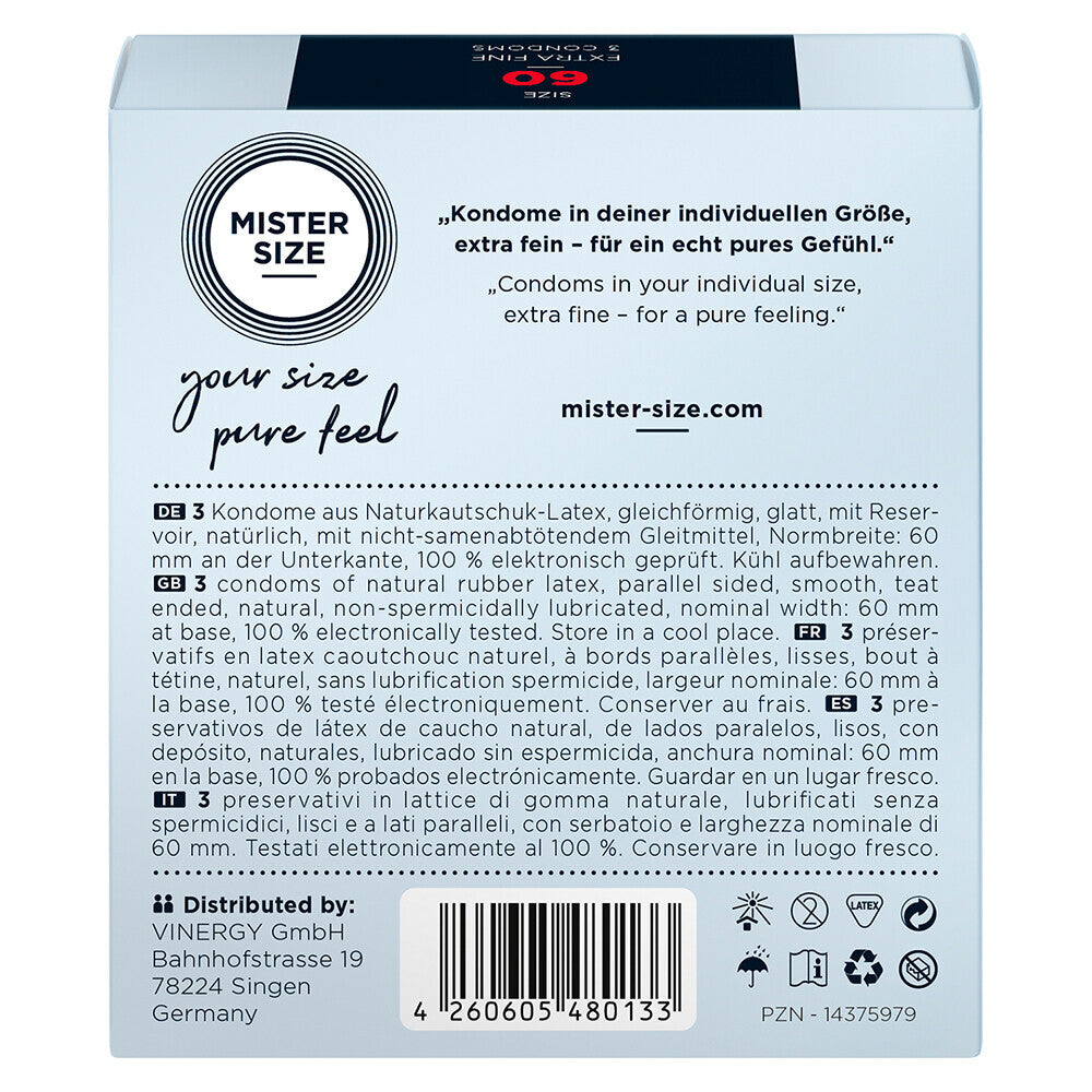 Mister Size 60mm Your Size Pure Feel Condoms 3 Pack|Side View|"size features-side view"|