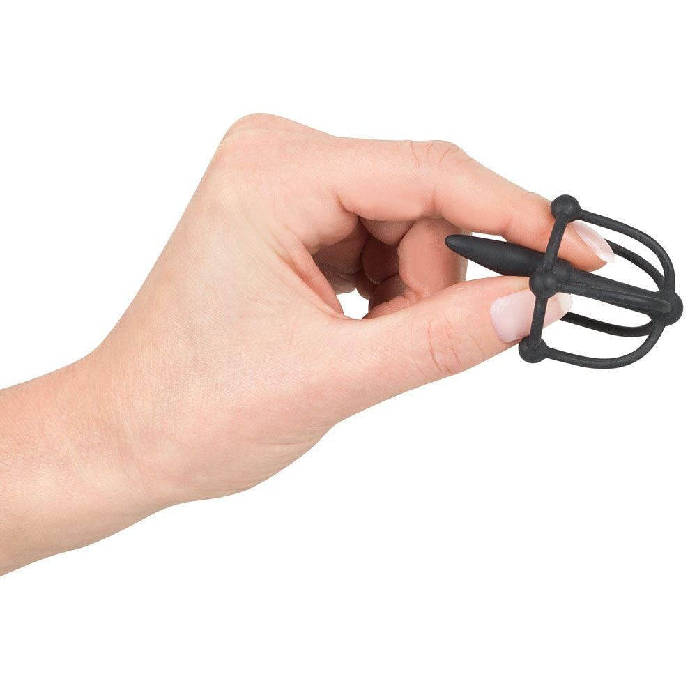 Silicone Penis Plug With Glans Cage|Back View|"male chastity plug with cage-back view adult toys direct"|