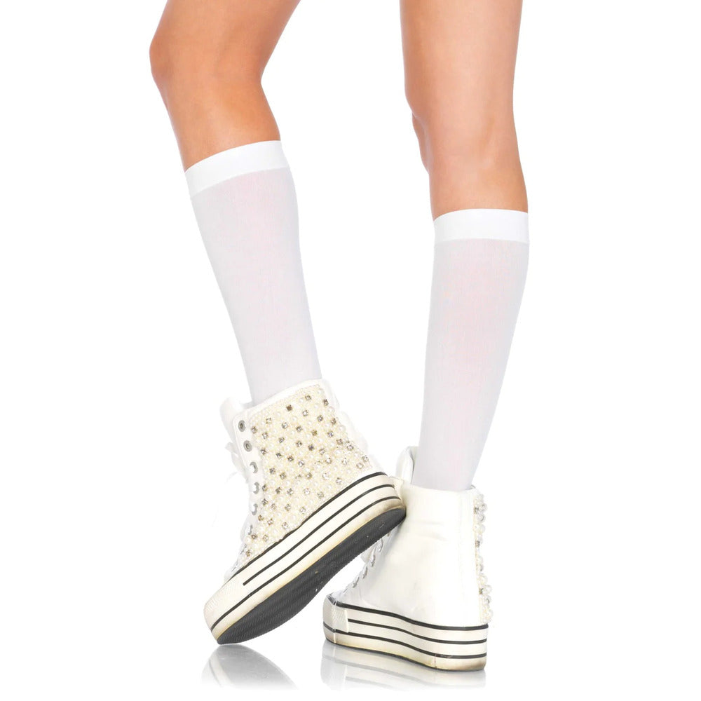Leg Avenue Nylon Knee Highs White UK 6 to 12|Back View|"white knee highs - back view"
