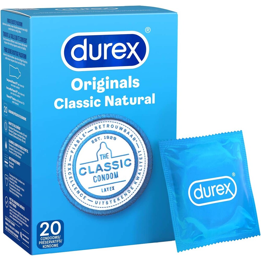 Durex Originals Classic Natural Condoms 20 Pack|Front View|"condom design-front view"|