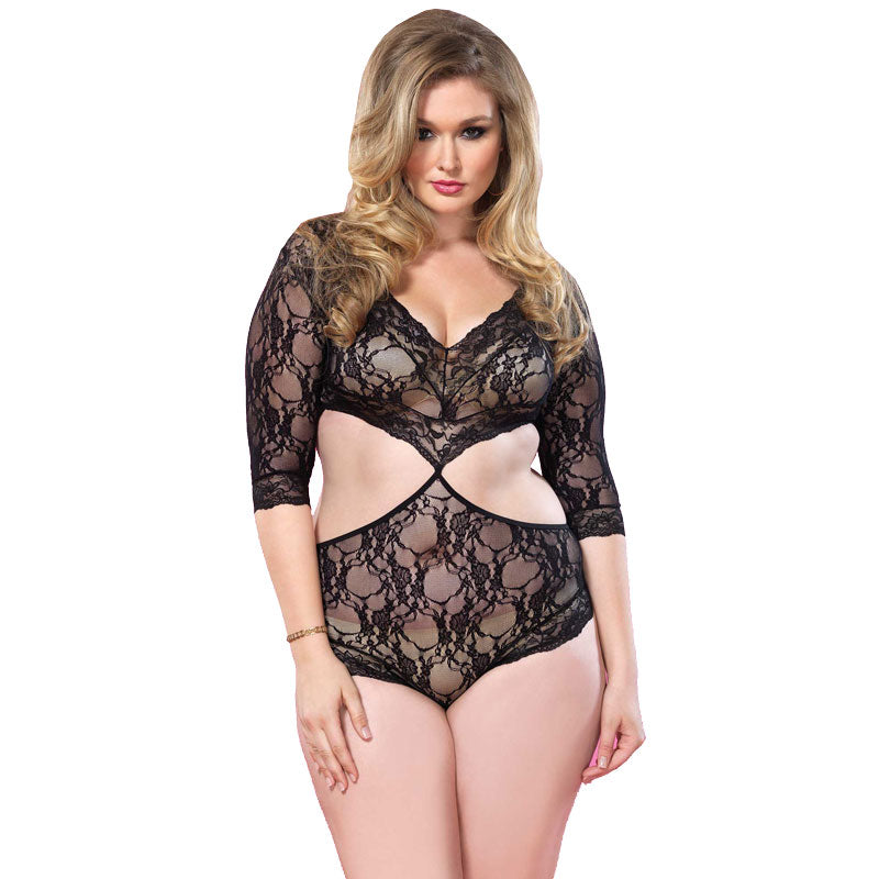 Leg Avenue Cut Out Floral Lace Teddy UK 14 to 18|Front View|"plus size cutout lace teddy - front view"