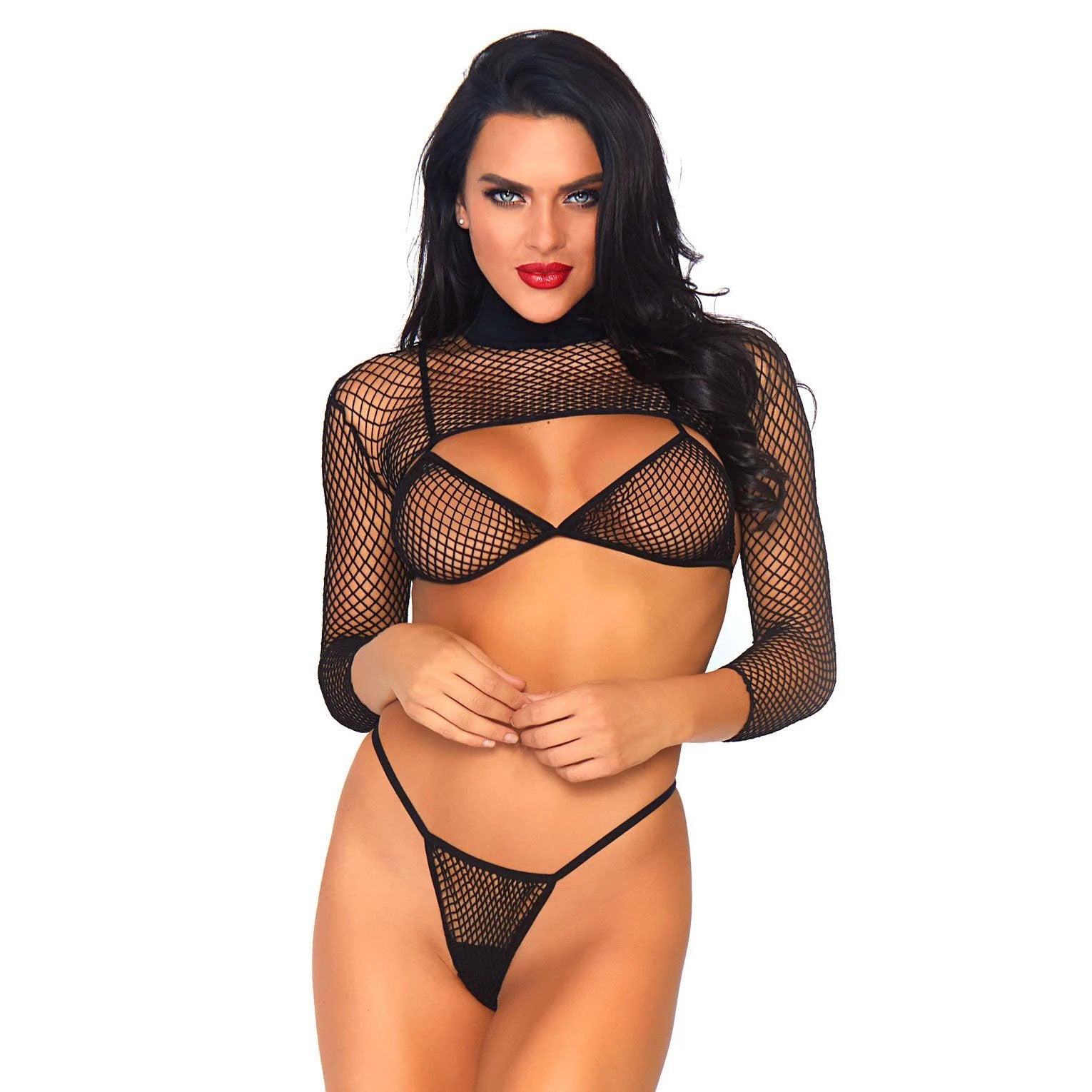 Leg Avenue Net Top, Thong And Bra UK 6 to 12|Front View|"net lingerie set - front view"