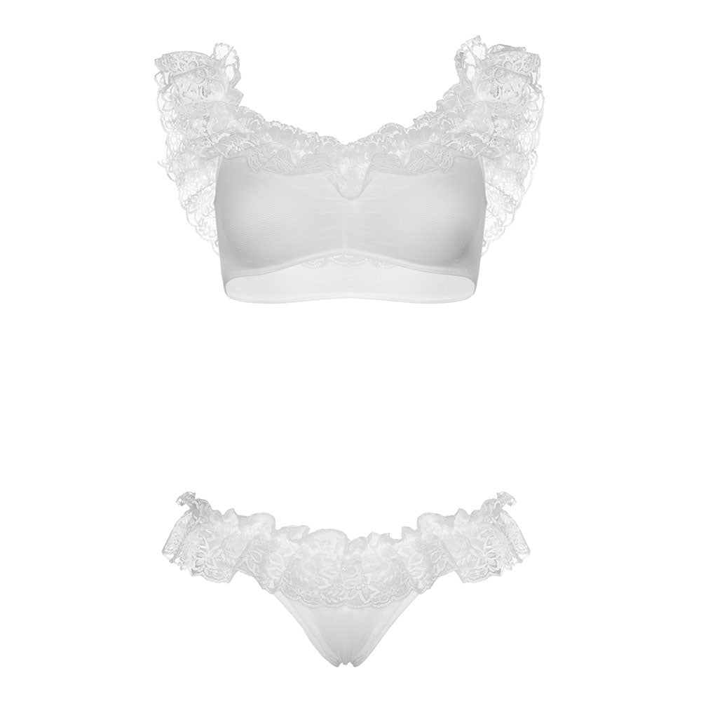 Leg Avenue Lace Ruffle Crop Top and Panty UK 6 to 12|Back View|"lace ruffle crop top set - back view"