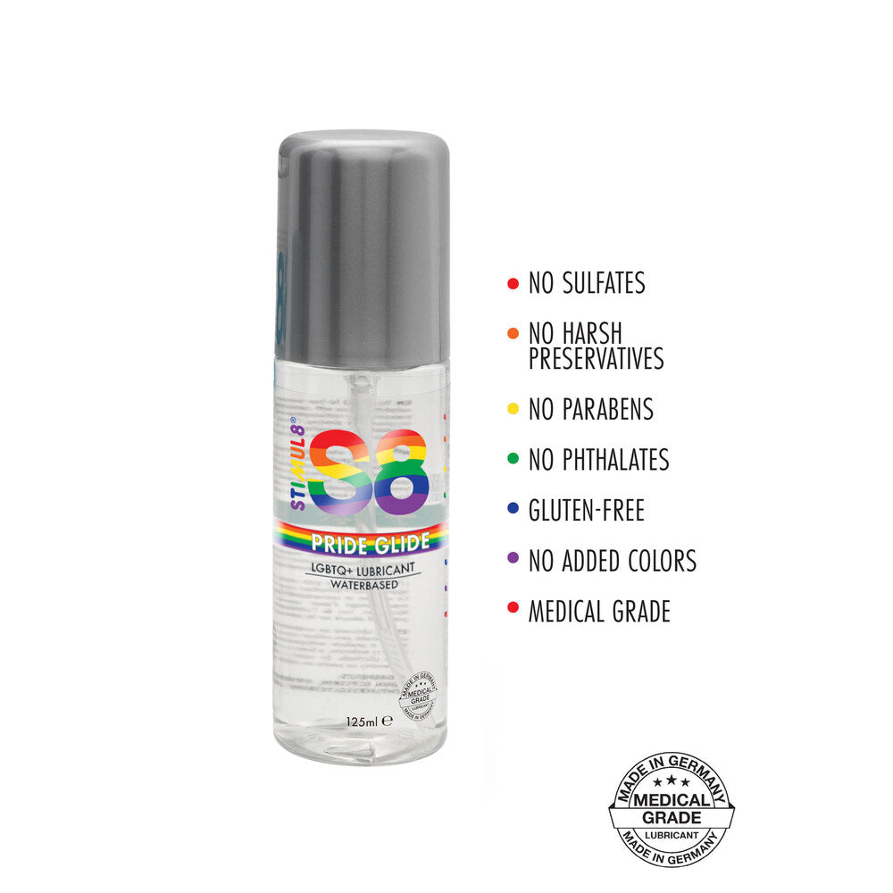 S8 Pride Glide Water Based Lubricant 125ml|Side View|"bottle detail-side view adult toys direct"|