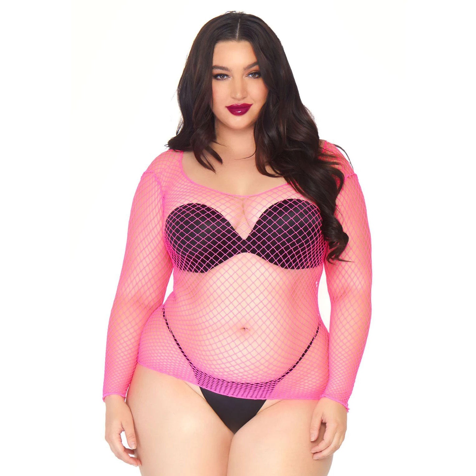 Leg Avenue Net Long Sleeved Shirt Plus Size UK 14 to 18|Front View|"plus size mesh long sleeve top - front view"