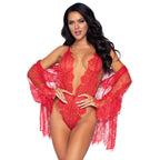 Leg Avenue Floral Lace Teddy and Robe Red|Front View|"red lace teddy robe set - front view"