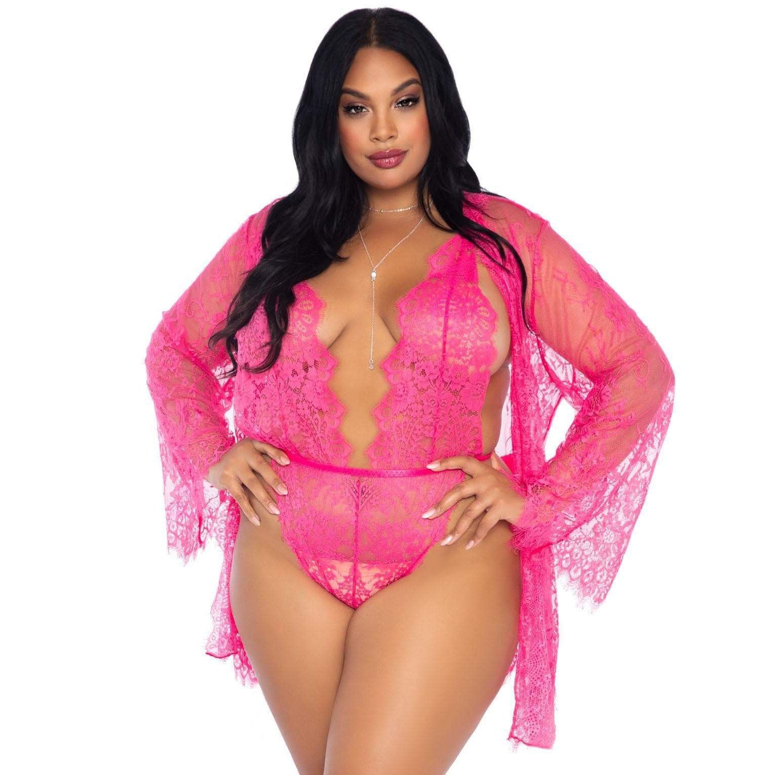 Leg Avenue Floral Lace Teddy and Robe Set|Front View|"plus size lace teddy robe set - front view"