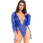 Leg Avenue Floral Lace Teddy and Robe Blue|Front View|"blue lace teddy robe set - front view"