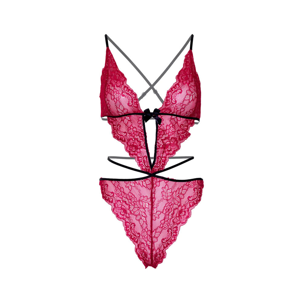 Leg Avenue Scalloped Teddy and Panty Set Pink|Detail View|"pink scalloped teddy set - detail view"