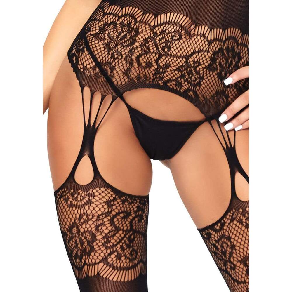 Leg Avenue Strappy Rose Lace Bodystocking UK 6 to 12|Detail View|"rose lace bodystocking - detail view"