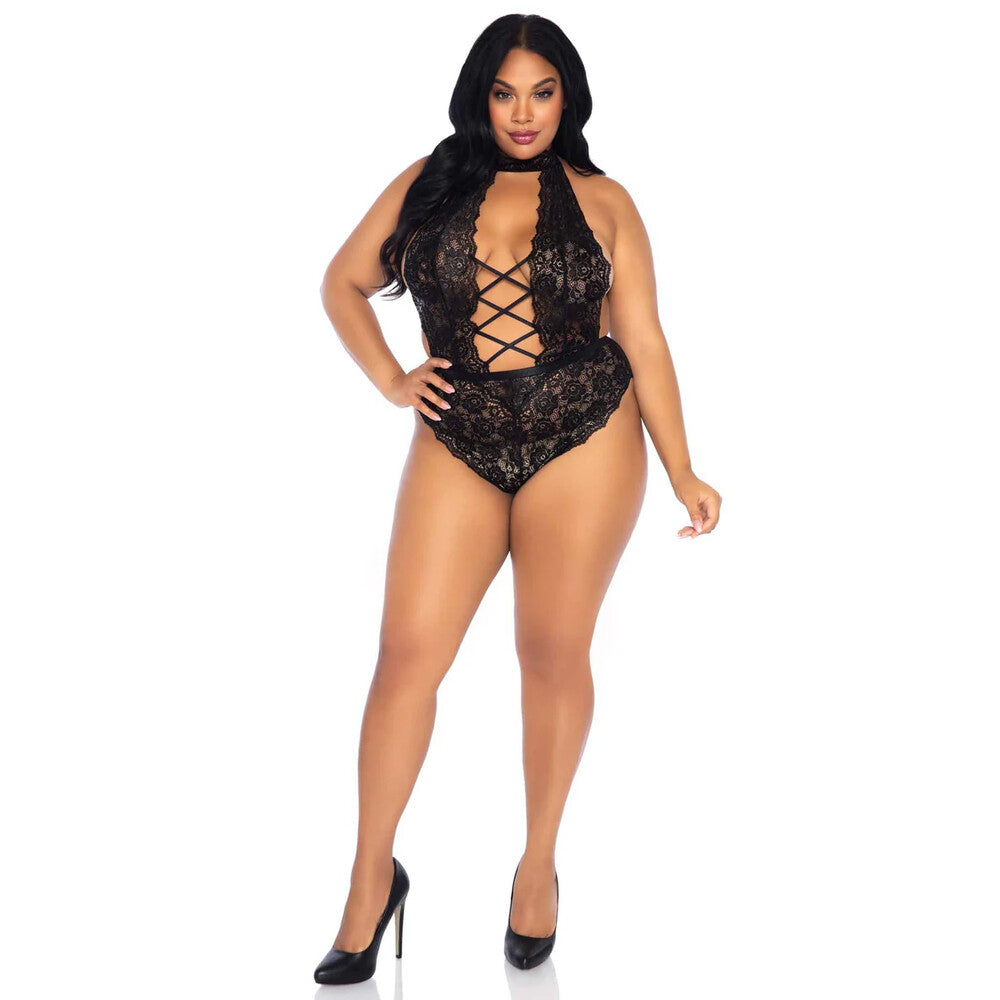 Leg Avenue Floral Lace Crotchless Teddy Black UK 14 to 18|Front View|"plus size black lace teddy - front view"
