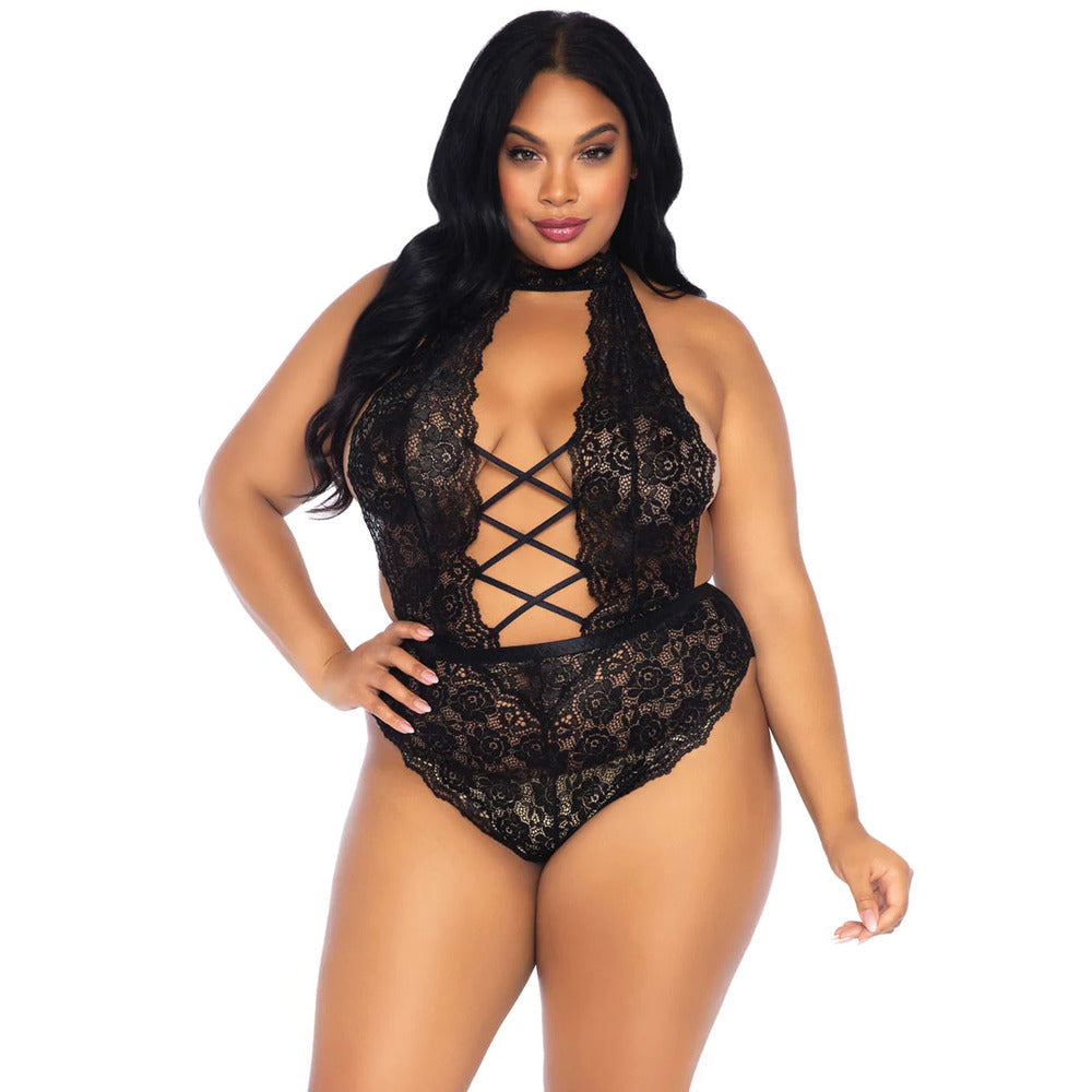 Leg Avenue Floral Lace Crotchless Teddy Black UK 14 to 18|Back View|"plus size black lace teddy - back view"
