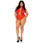 Leg Avenue Floral Lace Crotchless Teddy Red UK 14 to 18|Front View|"plus size red lace teddy - front view"