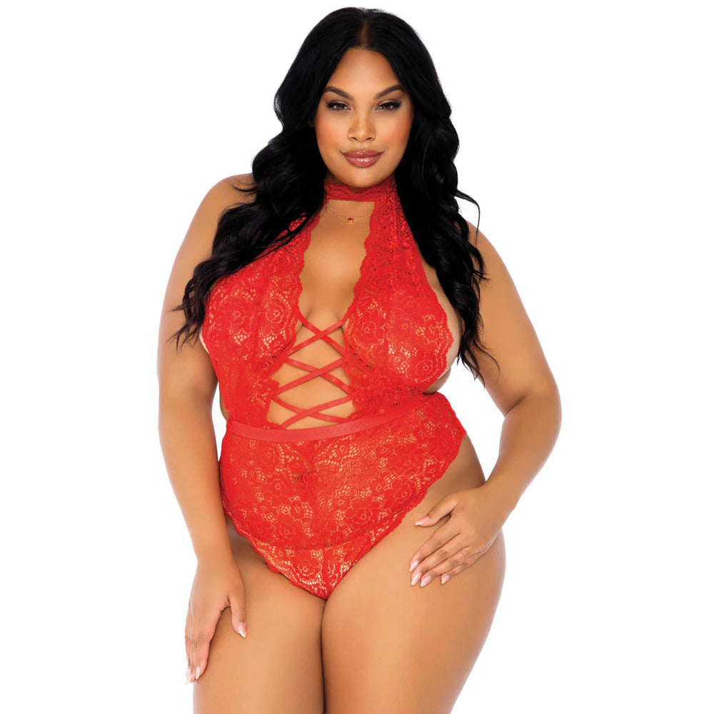Leg Avenue Floral Lace Crotchless Teddy Red UK 14 to 18|Back View|"plus size red lace teddy - back view"