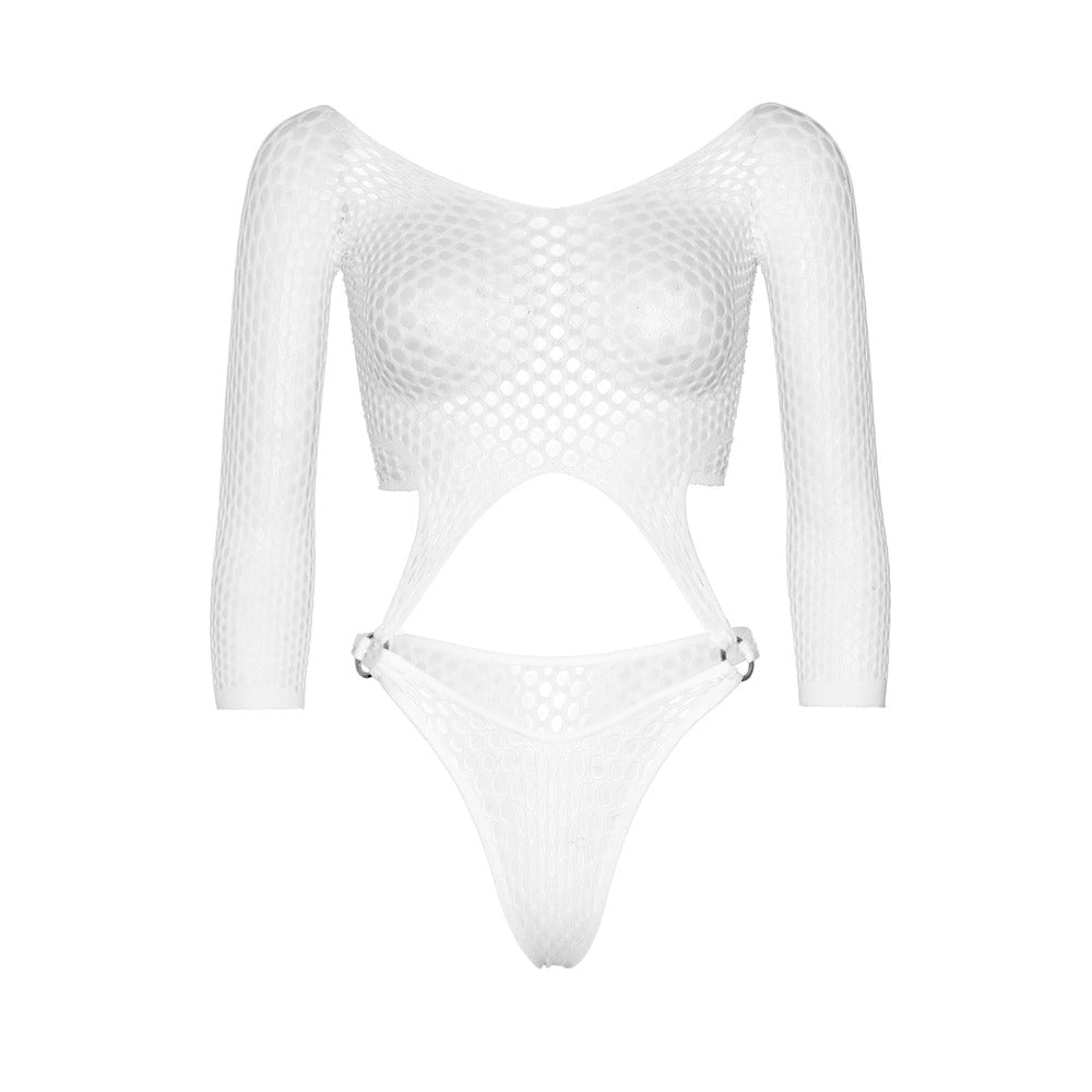 Leg Avenue Top Bodysuit with Thong White UK 6 to 12|Detail View|"white bodysuit thong set - detail view"