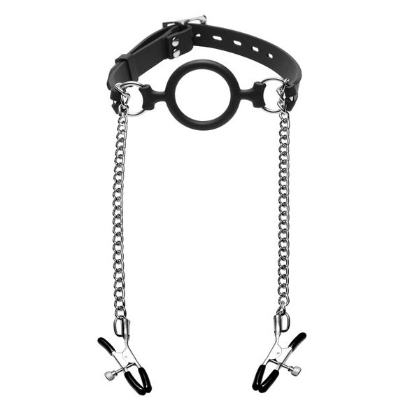Mutiny Silicone O Ring Gag Plus Nipple Clamps|Side View|"clamp details-side view"|