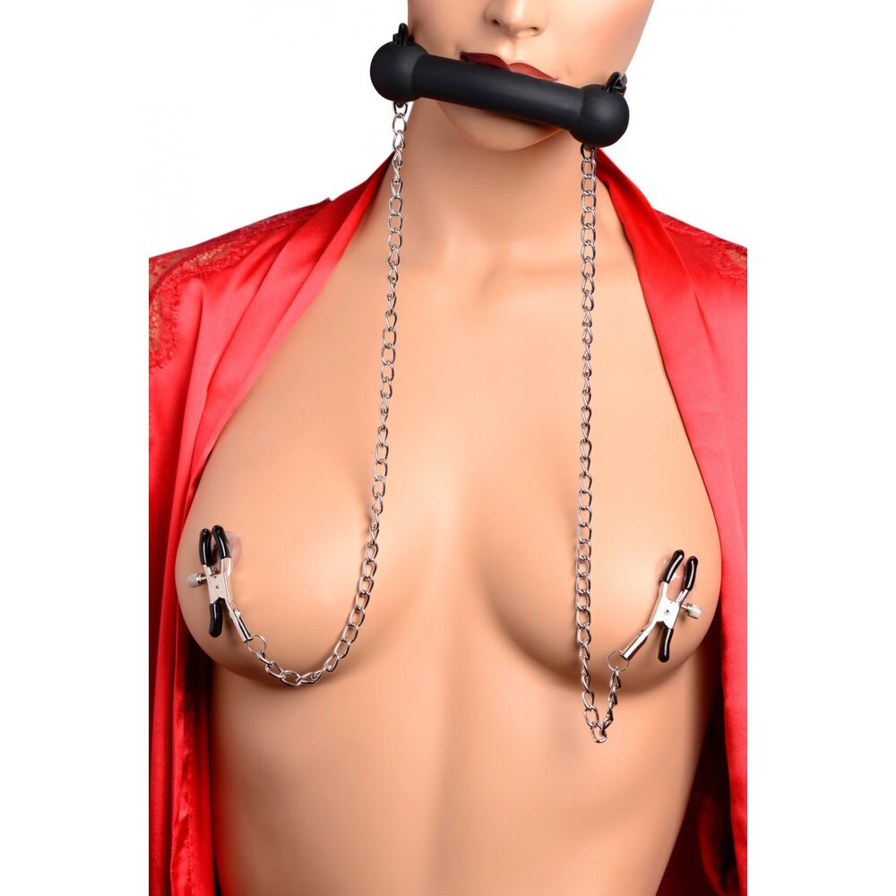 XR Silicone Bit Gag with Nipple Clamps|Detail View|"silicone features-detail view"|