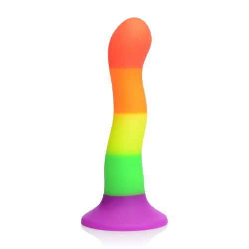 XR Proud Rainbow Silicone Dildo with Harness|Front View|"rainbow design - front view"