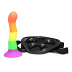 XR Proud Rainbow Silicone Dildo with Harness|Side View|"silicone texture - side view"