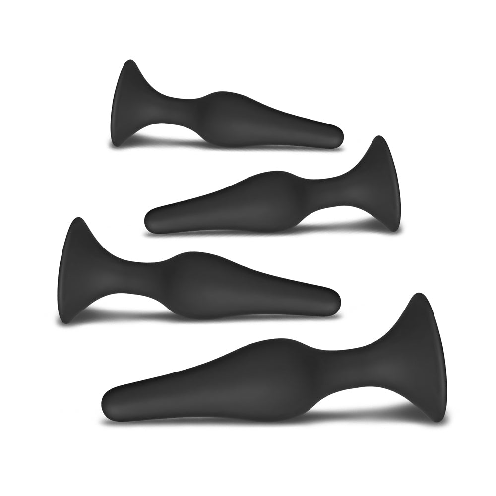 Set-Of-Four-Silicone-Butt-Plugs-Black|Side View|"set components-side view"
