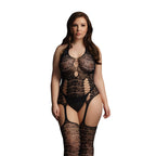 Le Desir Lace Suspender Bodystocking UK 14 to 20|Front View|"plus size lace suspender bodystocking - front view"