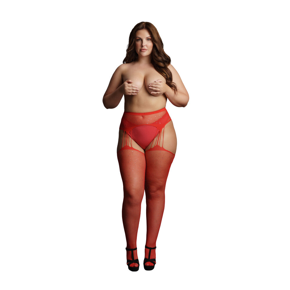 Le Desir Suspender Rhinestone Pantyhose Red UK 14 to 20|Front View|"plus size red rhinestone pantyhose - front view"