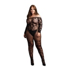 Le Desir Bodystocking With Off Shoulder Long Sleeves|Front View|"plus size off shoulder bodystocking - front view"