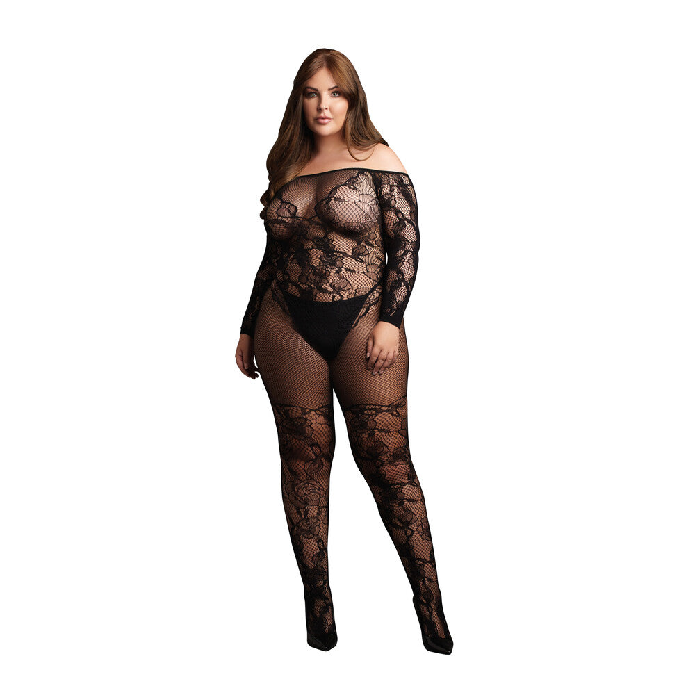 Le Desir Bodystocking With Off Shoulder Long Sleeves|Front View|"plus size off shoulder bodystocking - front view"