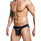 Male Basics Dngeon Peekaboo Jock Black One Size|Front View|"peekaboo design-front view"|