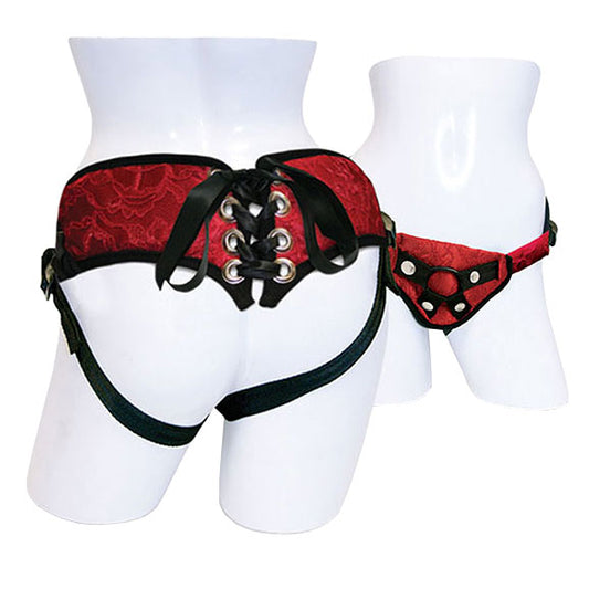 Sportsheets Red Lace With Satin Corsette Strap On|Front View|"elegant lace design - front view"