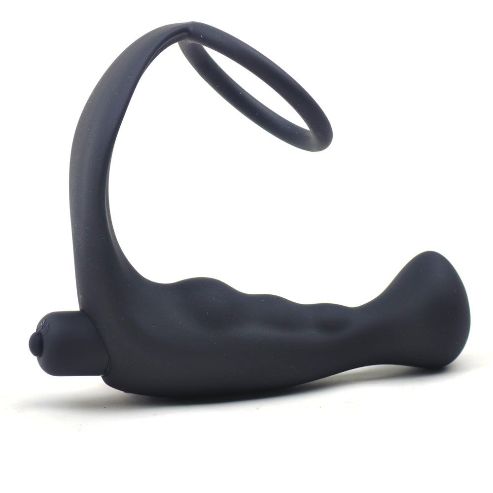 Black-Silicone-Anal-Plug-Vibrator-With-Cock-Ring|Front View|"dual function device-front view"