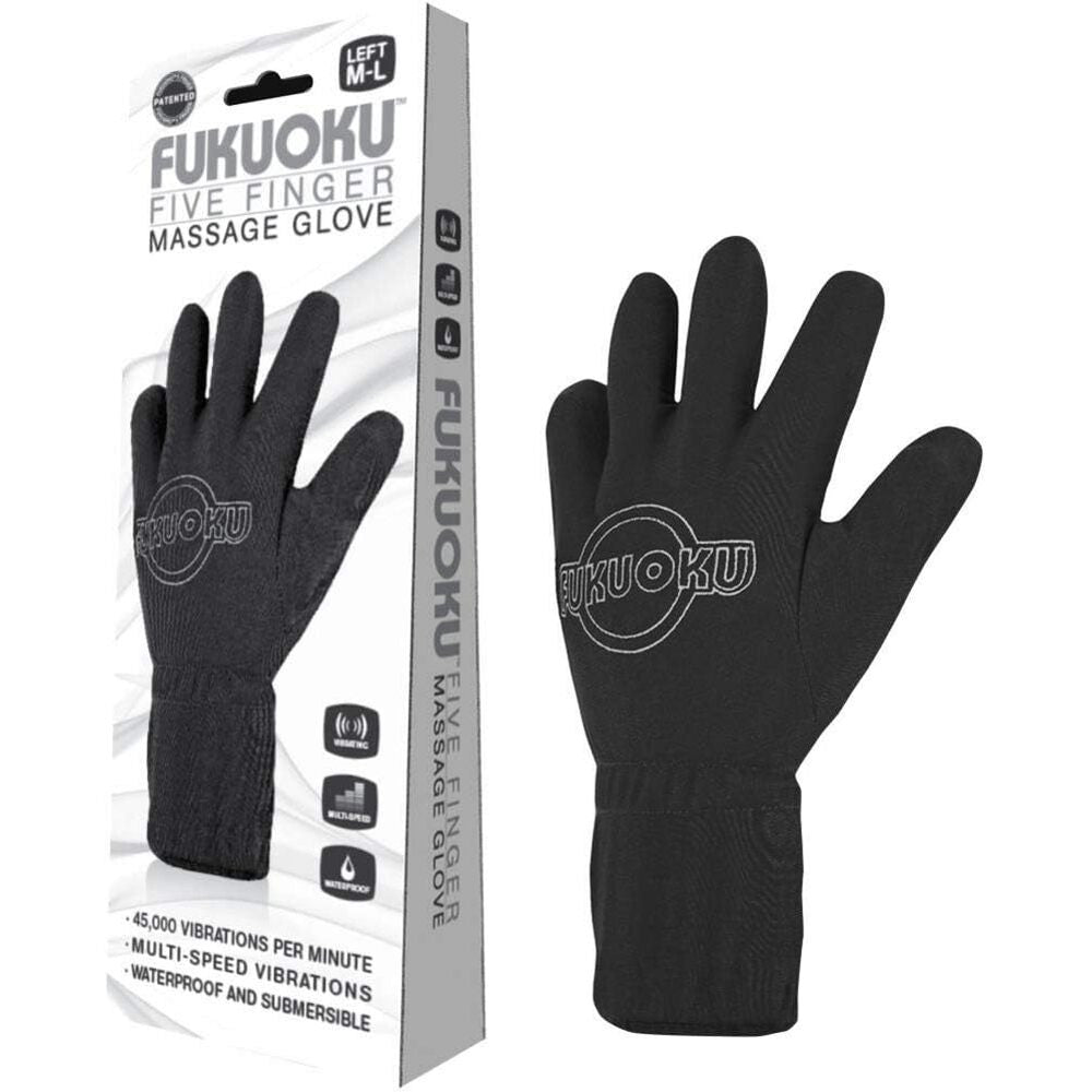 Fukuoku Vibrating Five Finger Massage Glove Left Hand | Package | "complete massage set - package view"