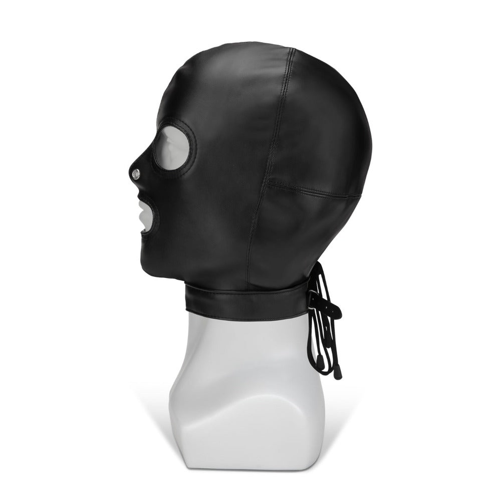 Me You Us Black Hood With Eyes Nose Mouth|Back View|"hood closure-back view adult toys direct"|