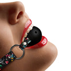 Ouch Breathable Ball Gag With Printed Leather Straps|Side View|"strap details-side view"|