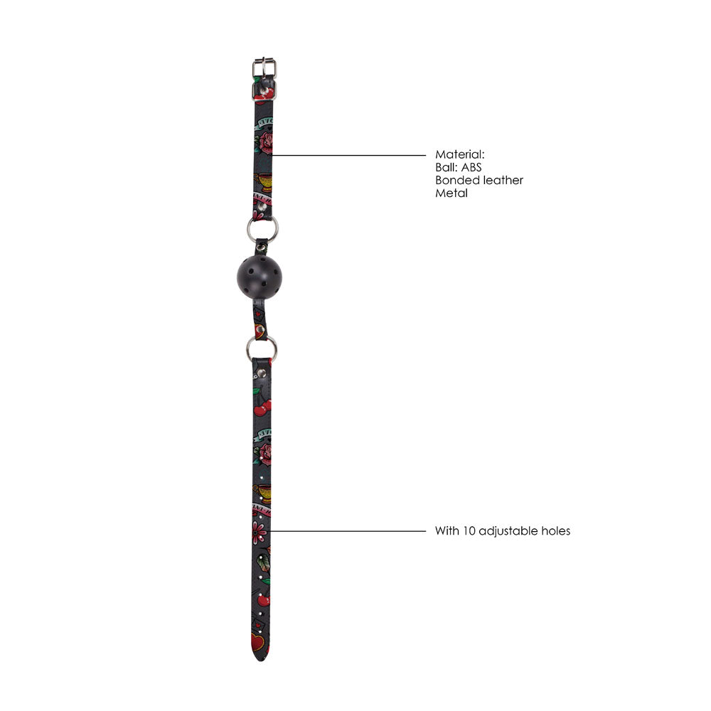 Ouch Breathable Ball Gag With Printed Leather Straps|Detail View|"breathing features-detail view"|