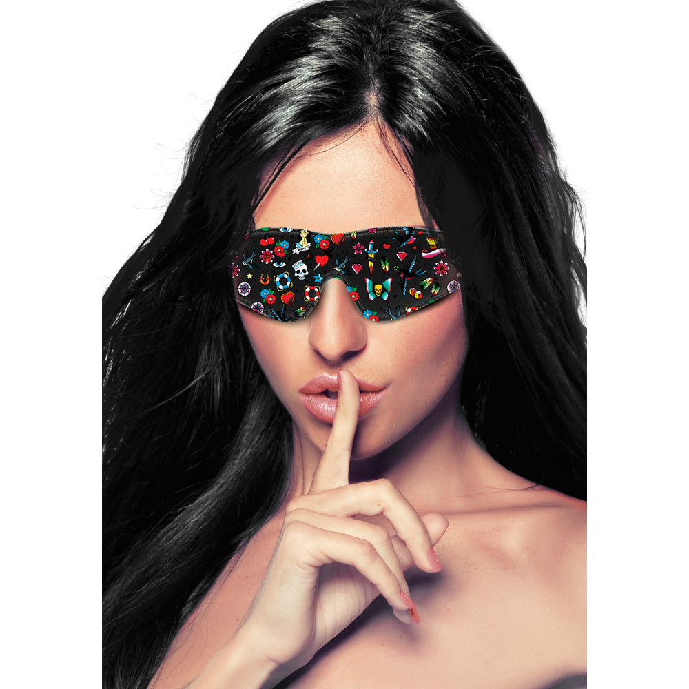 Ouch Old School Tattoo Printed Eye Mask|Back View|"mask closure-back view adult toys direct"|