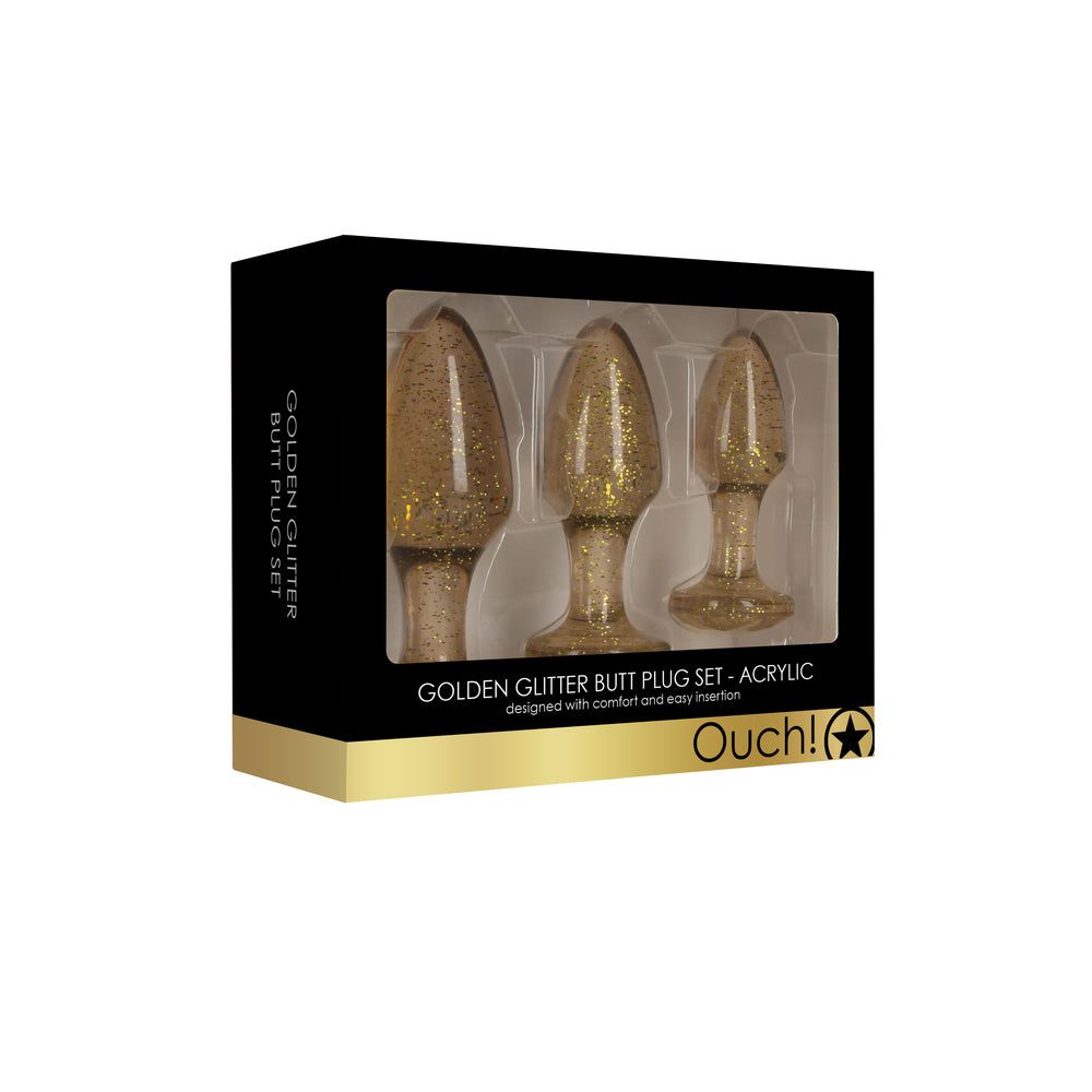 Ouch-Golden-Glitter-Acrylic-Butt-Plug-Set|Set View|"complete kit-set view"