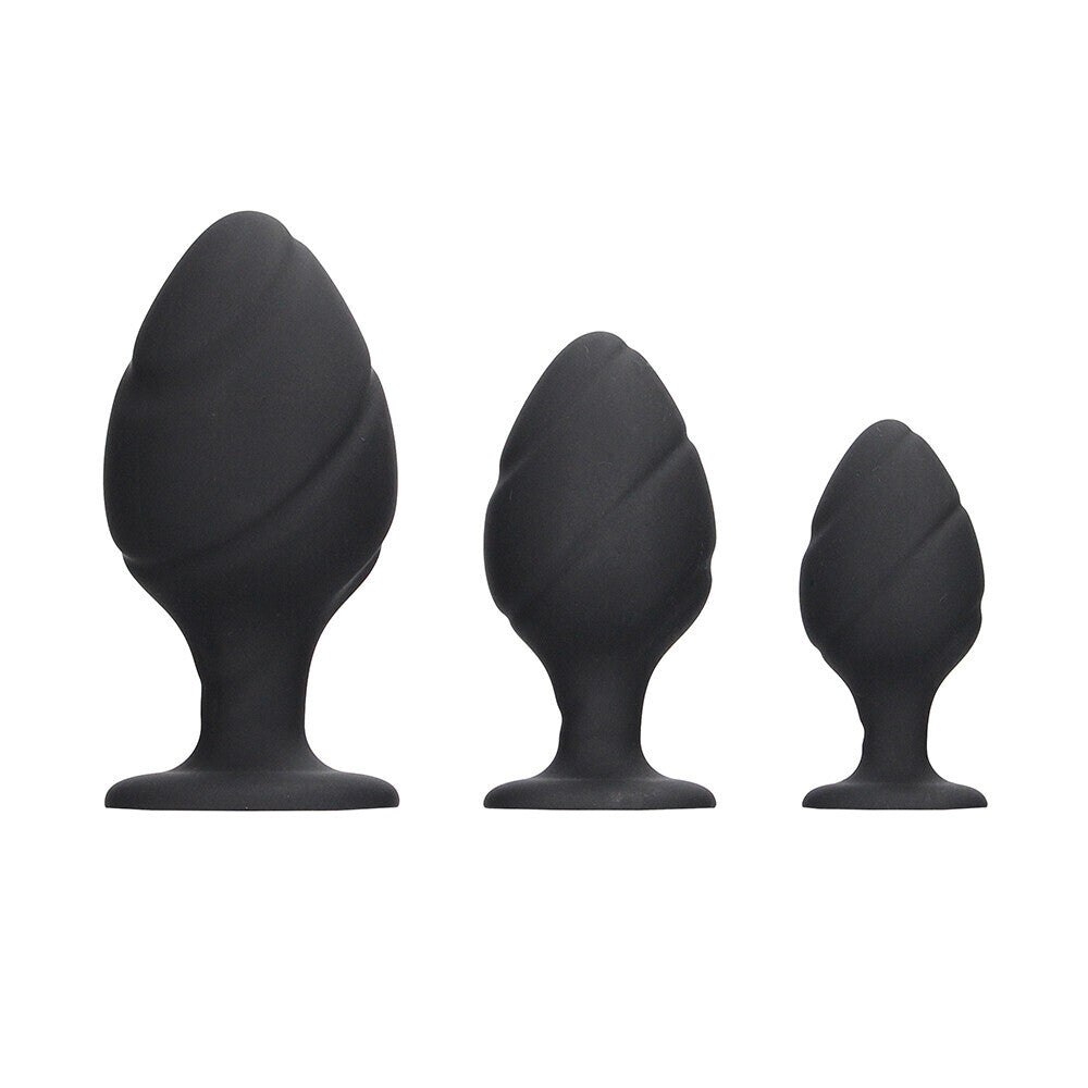 Ouch-Silicone-Swirled-Butt-Plug-Set-Black|Front View|"swirled set-front view"