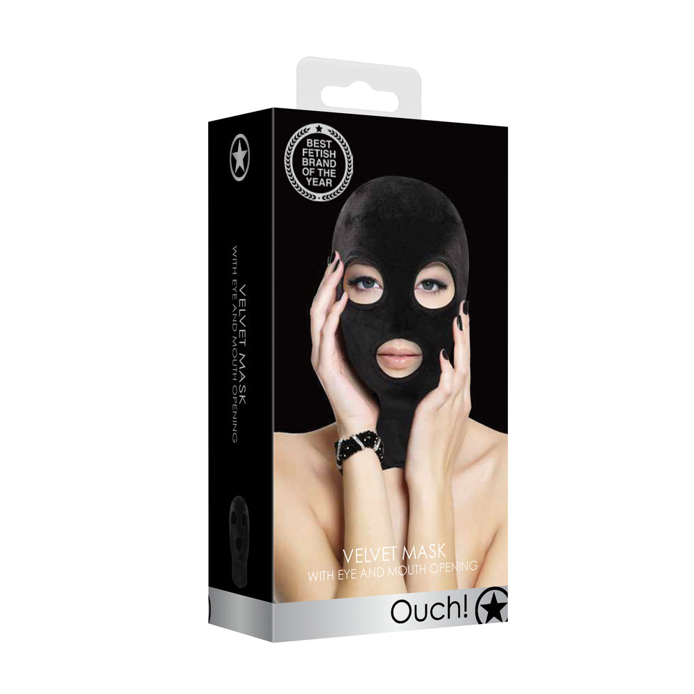 Ouch Velvet Mask With Eye And Mouth Opening|Detail View|"velvet features-detail view adult toys direct"|