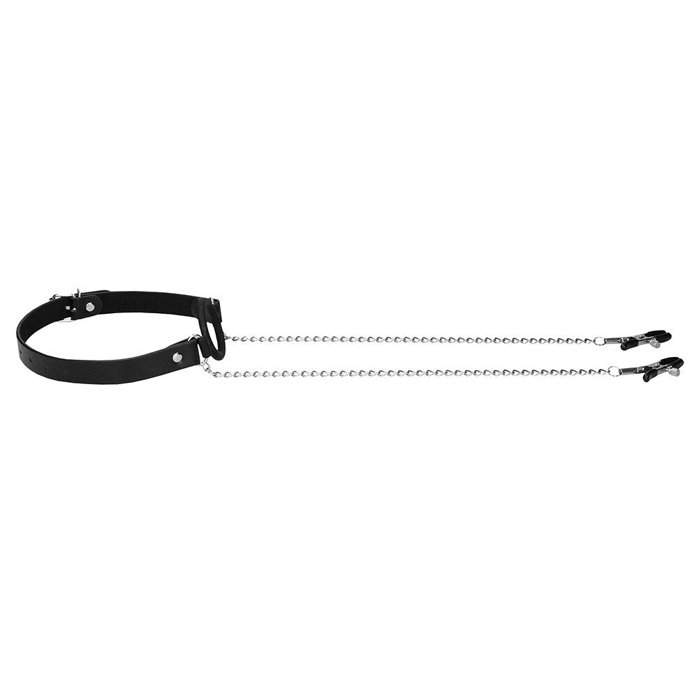 Ouch O Ring Gag With Nipple Clamps|Side View|"metal o-ring gag nipple chain restraint set-side view adult toys direct"|