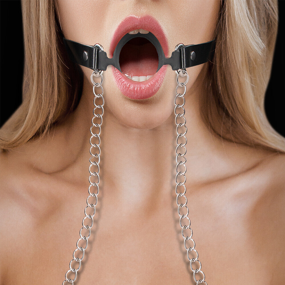 Ouch O Ring Gag With Nipple Clamps|Back View|"bdsm gag nipple clamp combo adjustable-back view adult toys direct"|