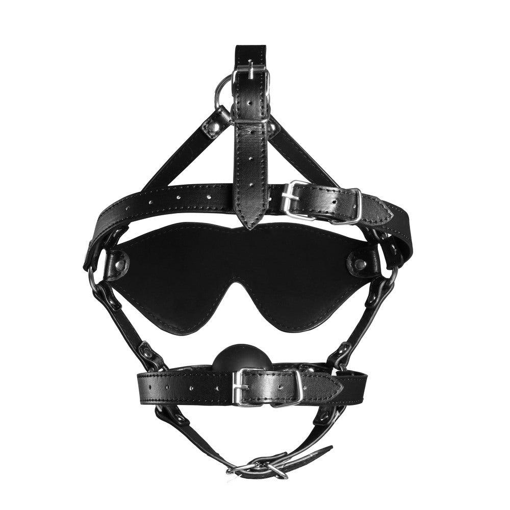 Ouch Xtreme Blindfolded Harness With Solid Ball Gag|Side View|"harness detail-side view adult toys direct"|