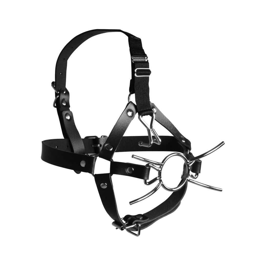Ouch Xtreme Head Harness With Spider Gag And Nose Hooks|Side View|"hook detail-side view adult toys direct"|
