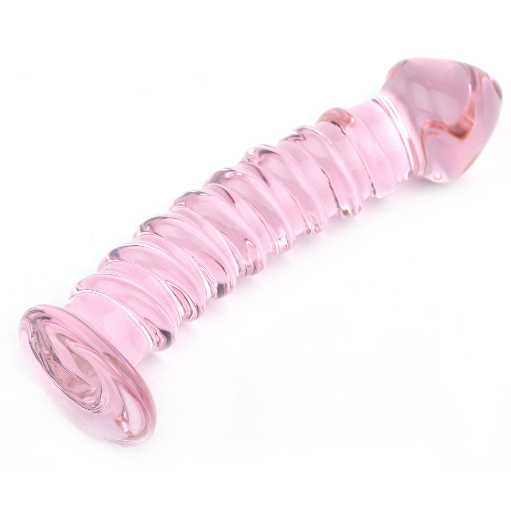 Textured Pink Glass Dildo|Back View|"pink textured glass dildo - back view"