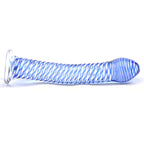 Glass Dildo With Blue Spiral Design|Side View|"blue spiral glass dildo - side view"